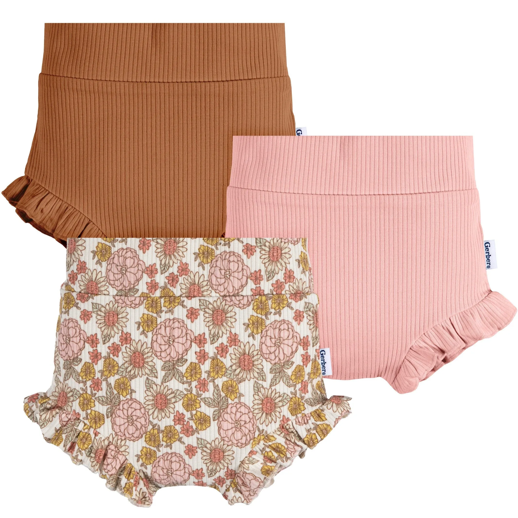 3-Pack Baby Girls Brown, Pink, & Garden Floral Bloomer Shorts