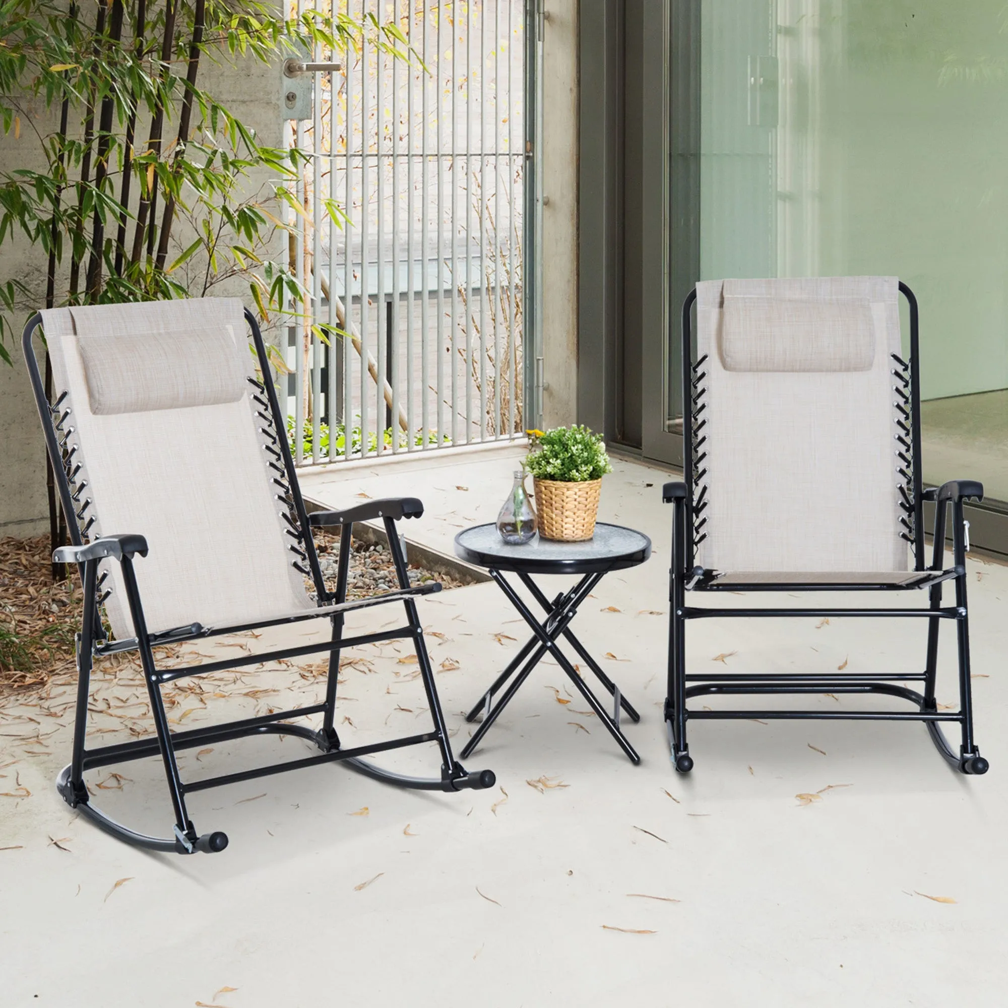 3 Piece Outdoor Rocking Set with 2 Folding Chairs and 1 Tempered Glass Table, Patio Bistro Set for Garden, Deck, Beige