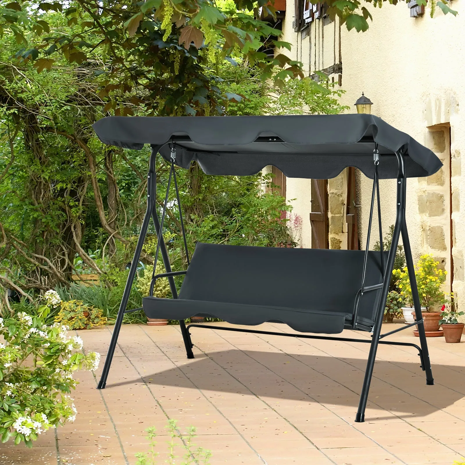 3 Seater Canopy Swing Chair Garden Rocking Bench Heavy Duty Patio Metal Seat w/ Top Roof - Dark Grey