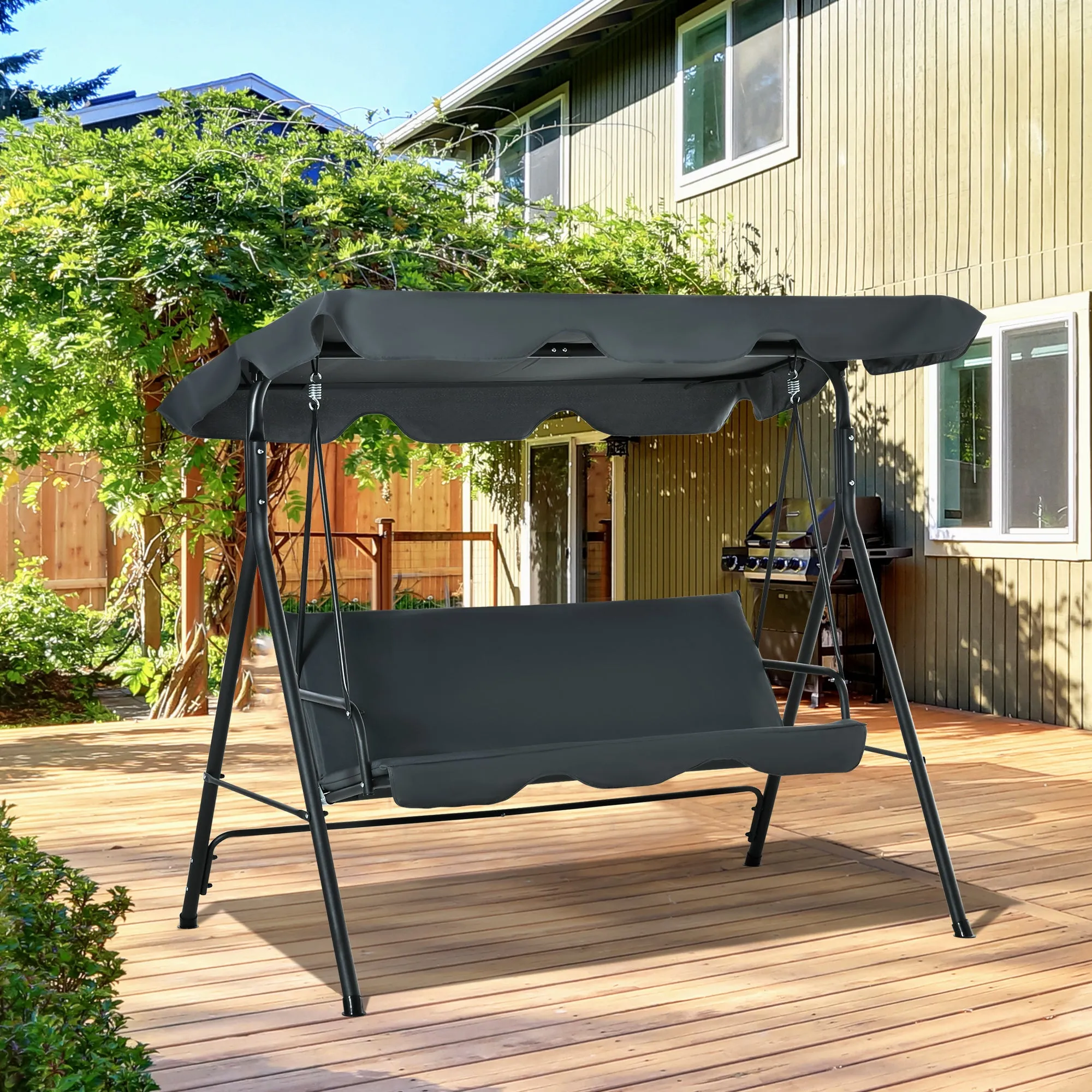 3 Seater Canopy Swing Chair Garden Rocking Bench Heavy Duty Patio Metal Seat w/ Top Roof - Dark Grey