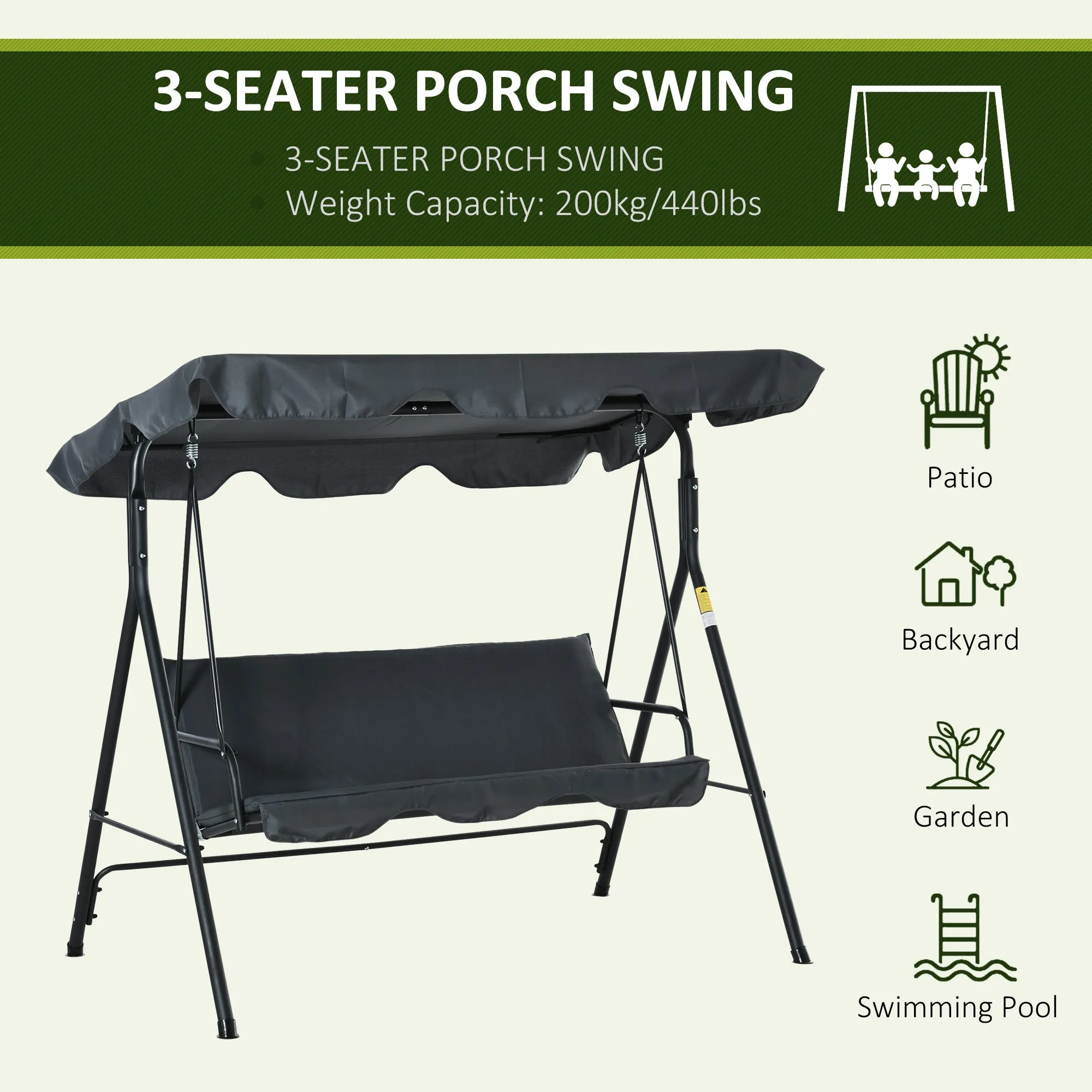 3 Seater Canopy Swing Chair Garden Rocking Bench Heavy Duty Patio Metal Seat w/ Top Roof - Dark Grey