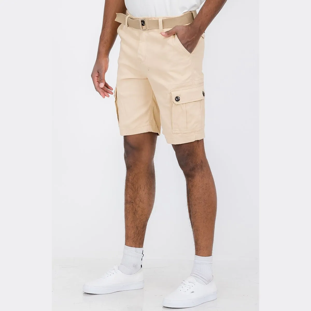 Beige Belted Cargo Shorts