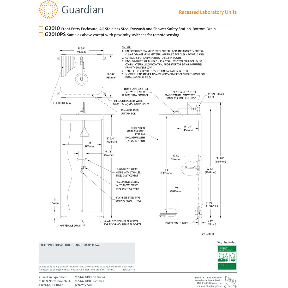 Guardian G2010 Front Entry Enclosure, All-Stainless Steel Eyewash and Shower Safety Station, Bottom Drain