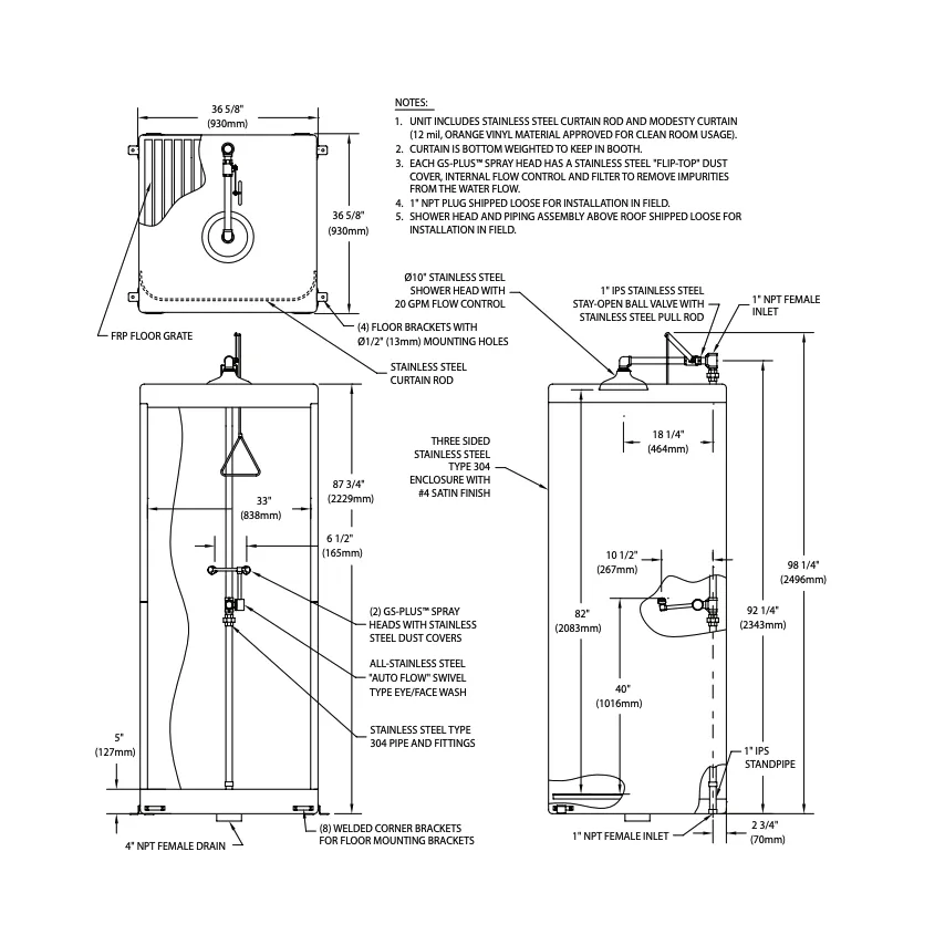 Guardian G2010 Front Entry Enclosure, All-Stainless Steel Eyewash and Shower Safety Station, Bottom Drain