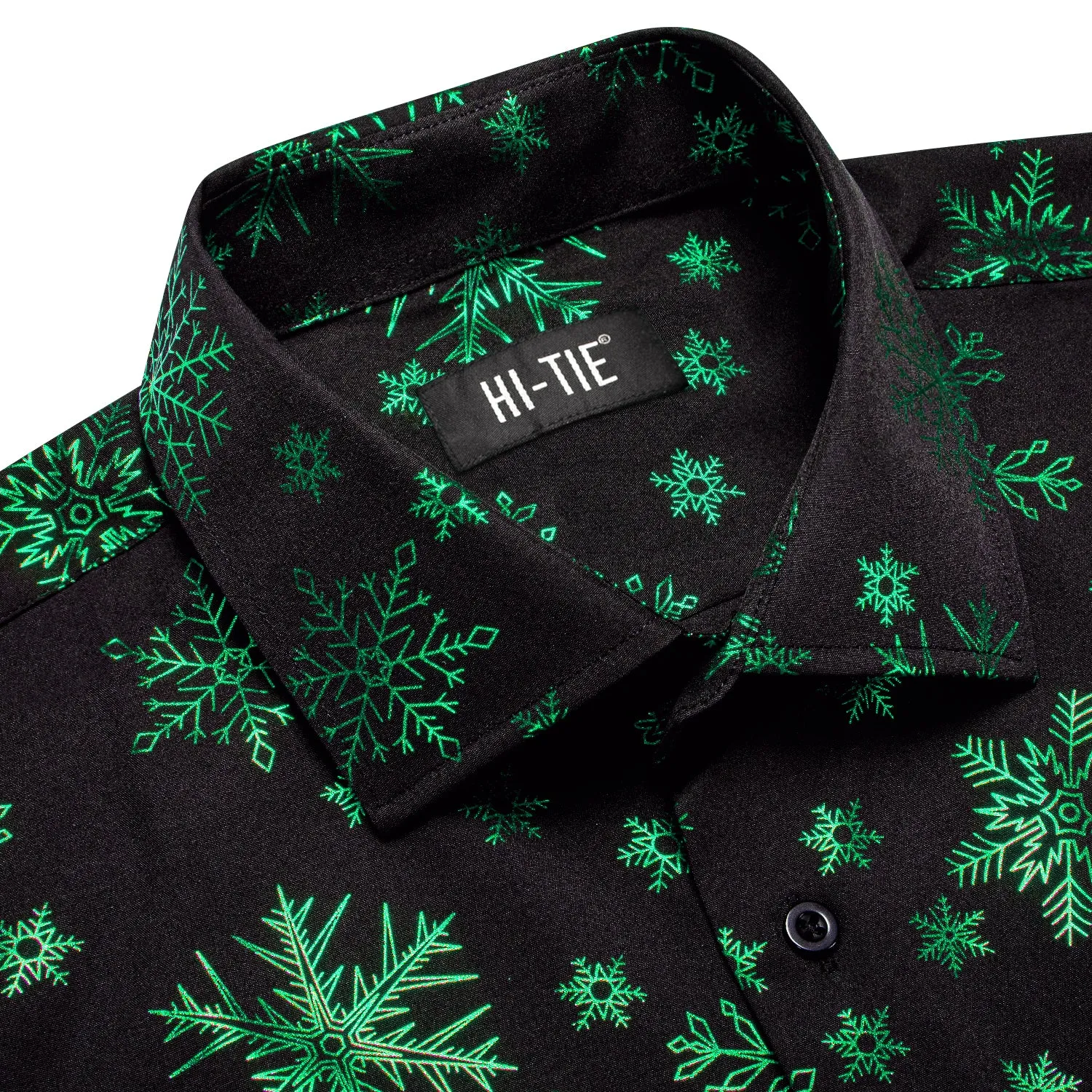 Hi-Tie Black Shirt Green Snowflake Men's Long Sleeve Shirt Christmas