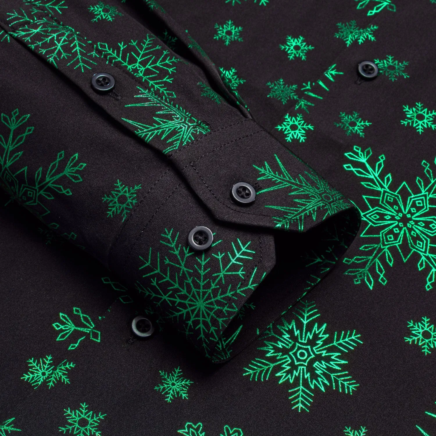 Hi-Tie Black Shirt Green Snowflake Men's Long Sleeve Shirt Christmas