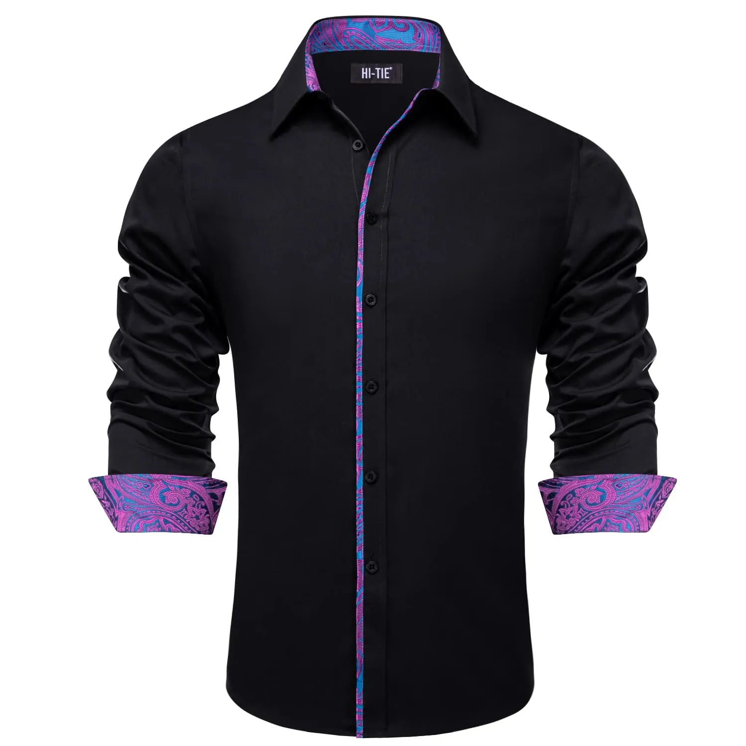 Hi-Tie Black Shirt with Fuchsia CornflowerBlue Jacquard Collar Solid Shirt