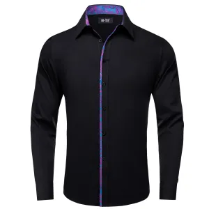 Hi-Tie Black Shirt with Fuchsia CornflowerBlue Jacquard Collar Solid Shirt