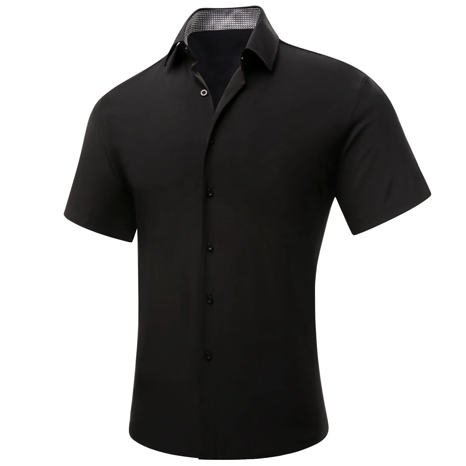 Hi-Tie Black Solid with Grey Collar Silk Men's Short Sleeve Shirt