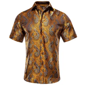 Hi-Tie Golden Azure Paisley Men's Short Sleeve Shirt