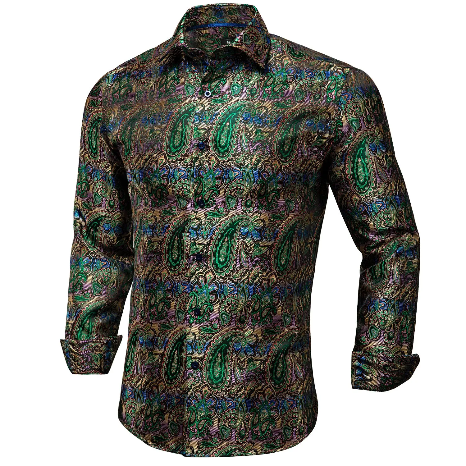 Hi-Tie Green Blue Paisley Shirt Long Sleeve Shirt