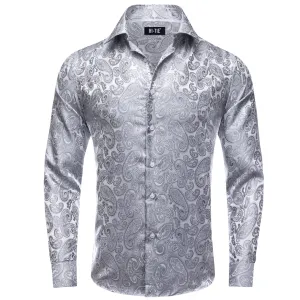 Hi-Tie Long Sleeve Shirt Silver Grey Paisley Winsdor Collar Mens Shirt