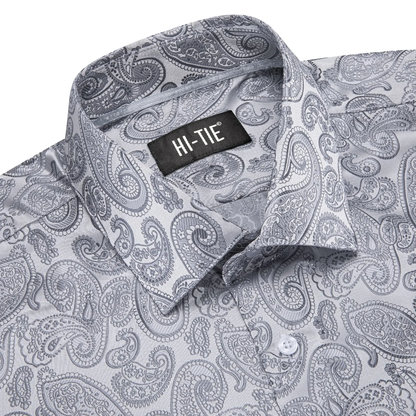 Hi-Tie Long Sleeve Shirt Silver Grey Paisley Winsdor Collar Mens Shirt