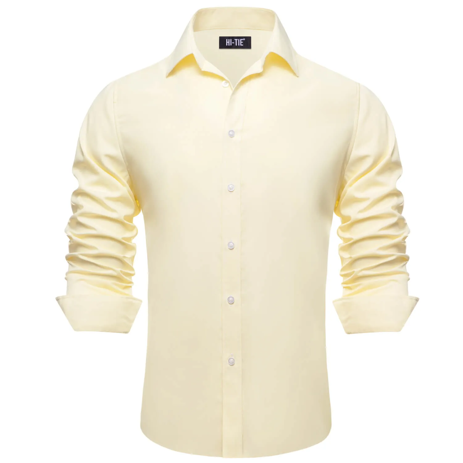 Hi-Tie Mens Dress Shirt Lemon Chiffon Yellow Solid Silk Button Down Shirt