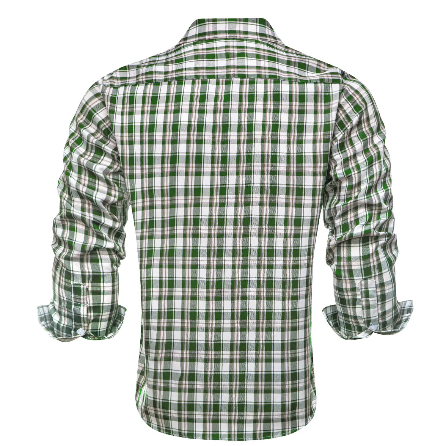 Hi-Tie Men's Shirt Green White Brown Plaid Silk Long Sleeve Shirt