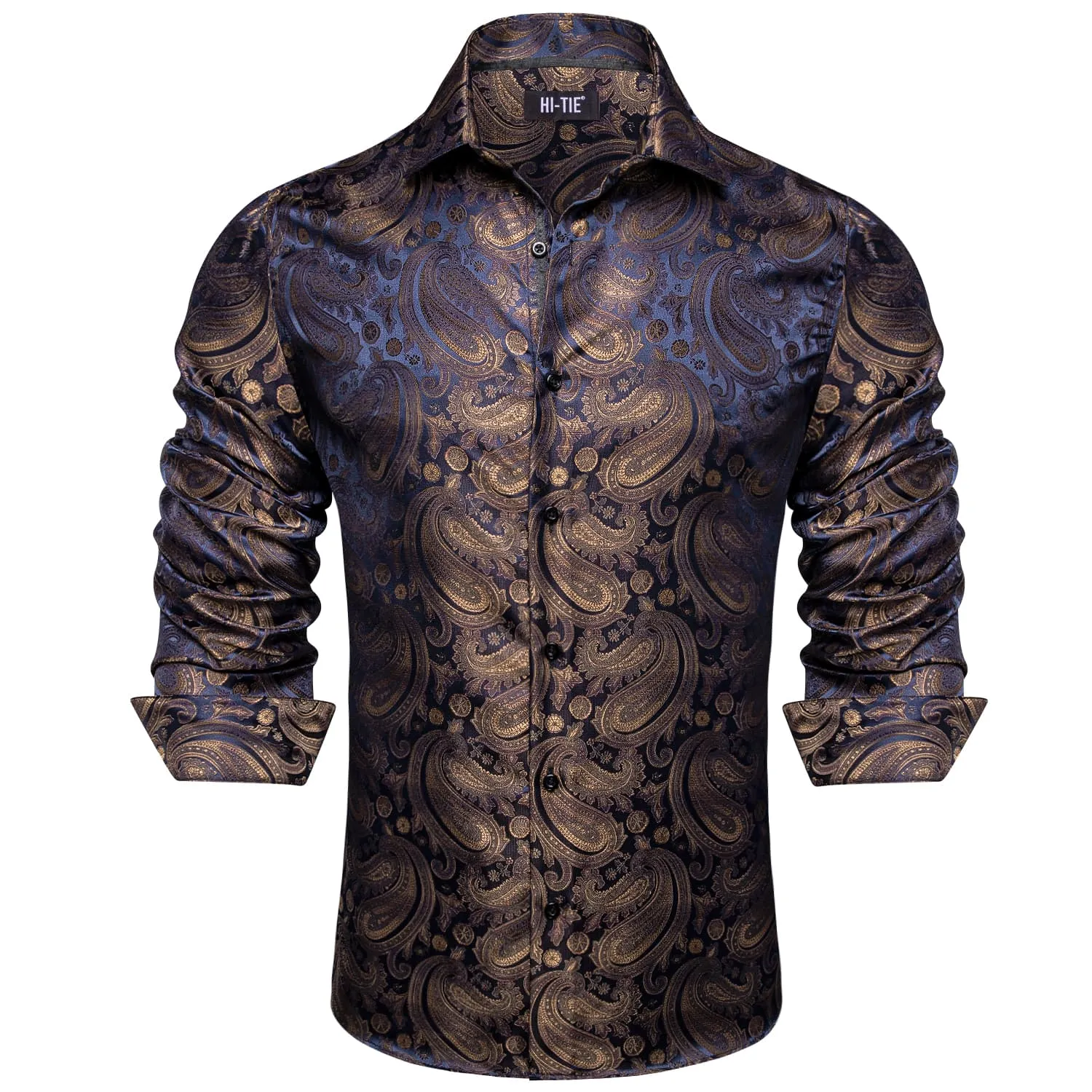 Hi-Tie Paisley Shirt Navy Blue Tan Jacquard Mens Button Down Shirt