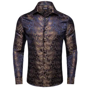 Hi-Tie Paisley Shirt Navy Blue Tan Jacquard Mens Button Down Shirt