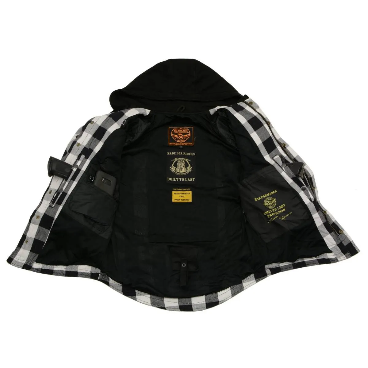 Milwaukee Leather MPM1629 Men's Plaid Hooded Flannel Biker Shirt with CE Approved Armor - Reinforced w/ Aramid Fibers