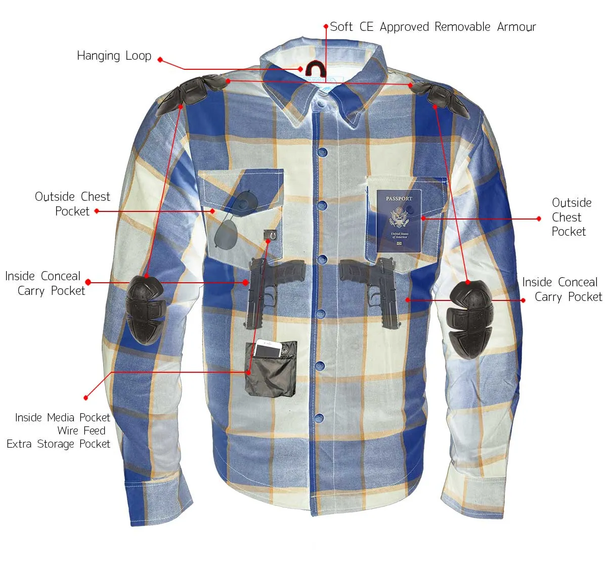 Milwaukee Leather MPM1639 Men's Plaid Flannel Biker Shirt with CE Approved Armor - Reinforced w/ Aramid Fibers