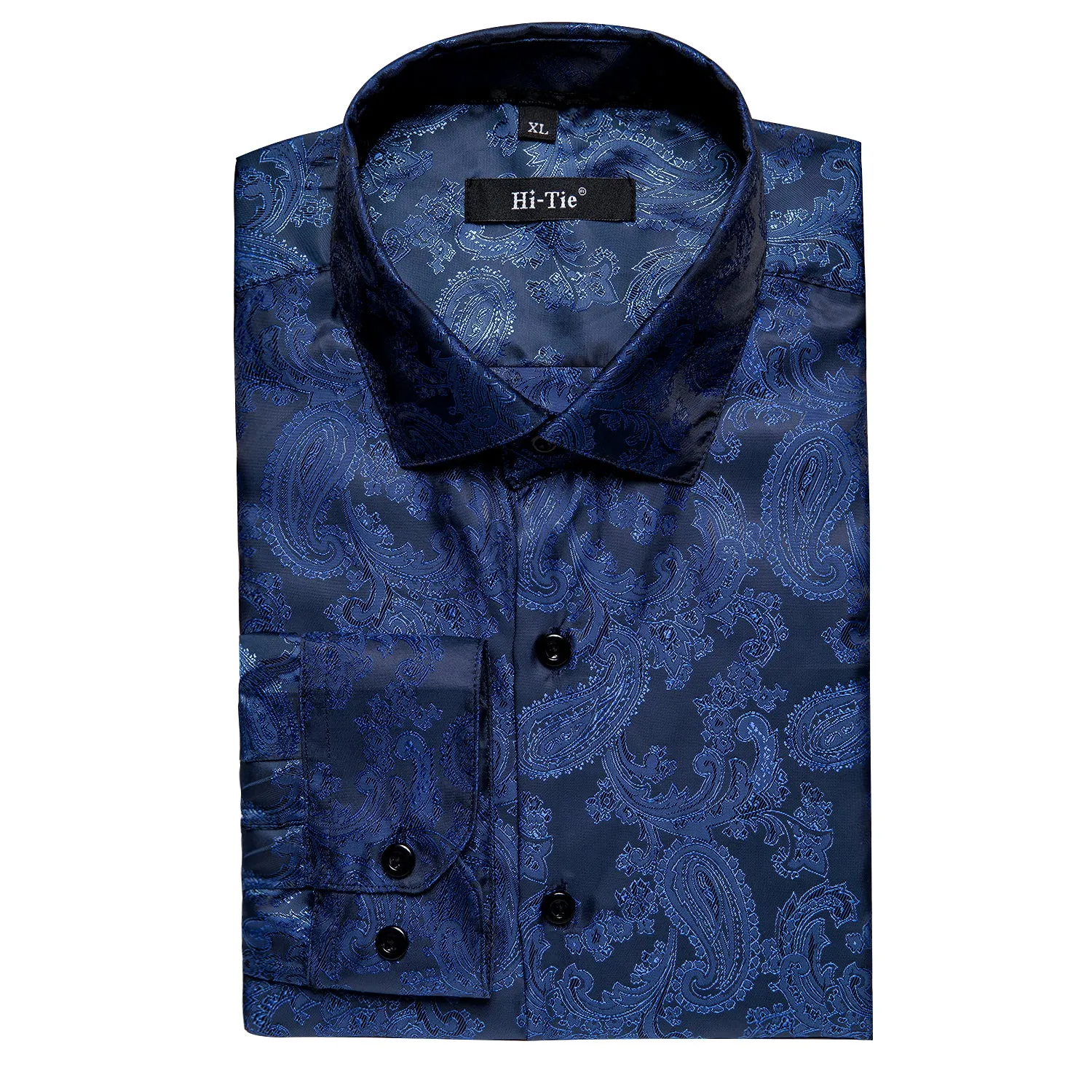 Navy Blue Paisley Silk Men's Long Sleeve Shirt Formal Wedding