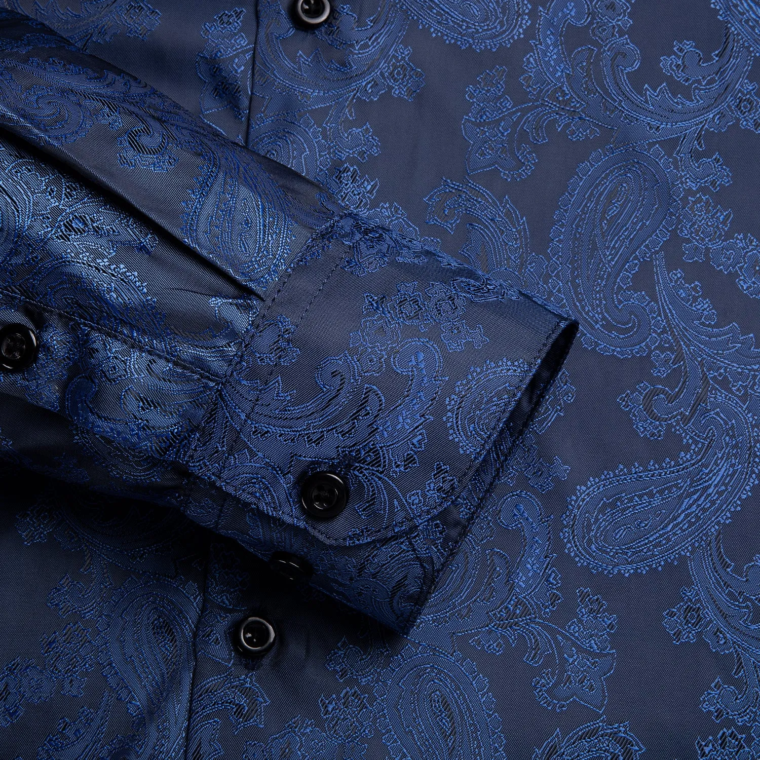 Navy Blue Paisley Silk Men's Long Sleeve Shirt Formal Wedding