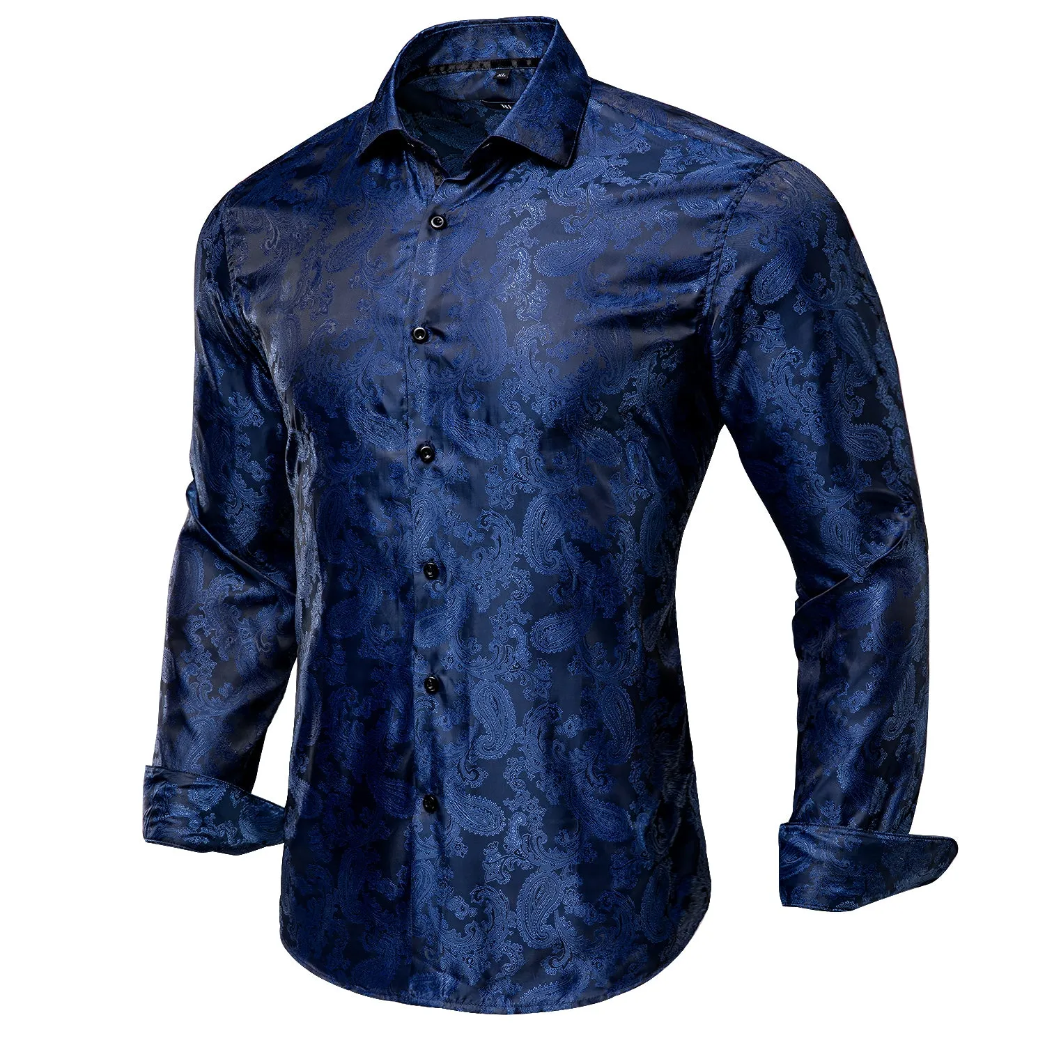 Navy Blue Paisley Silk Men's Long Sleeve Shirt Formal Wedding