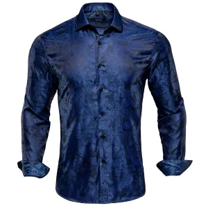 Navy Blue Paisley Silk Men's Long Sleeve Shirt Formal Wedding