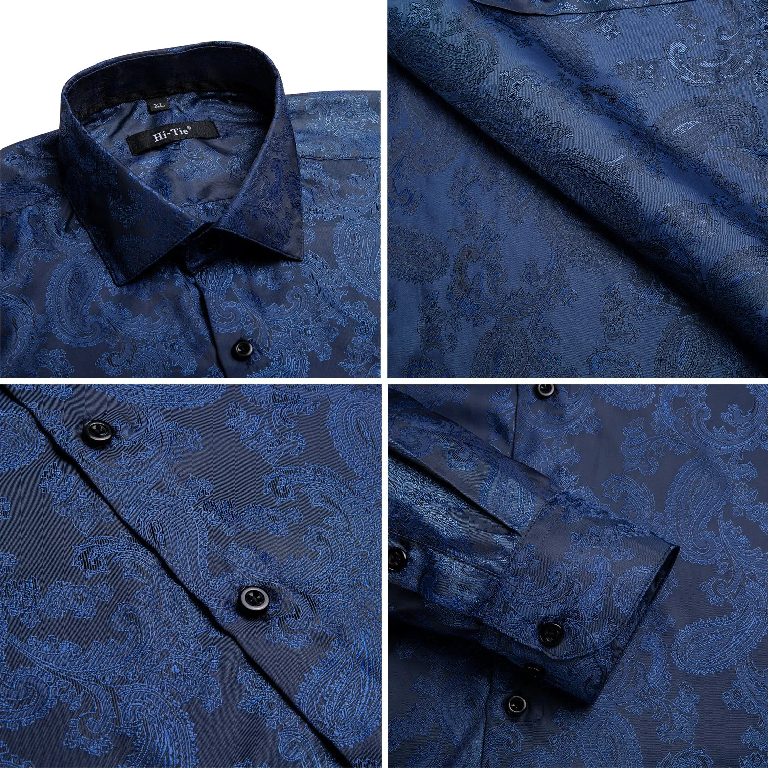 Navy Blue Paisley Silk Men's Long Sleeve Shirt Formal Wedding