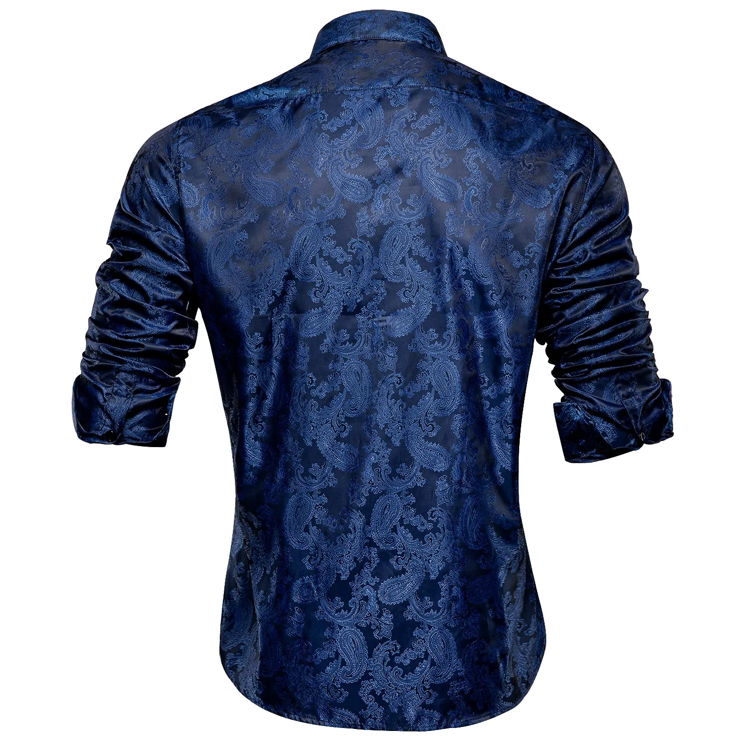 Navy Blue Paisley Silk Men's Long Sleeve Shirt Formal Wedding