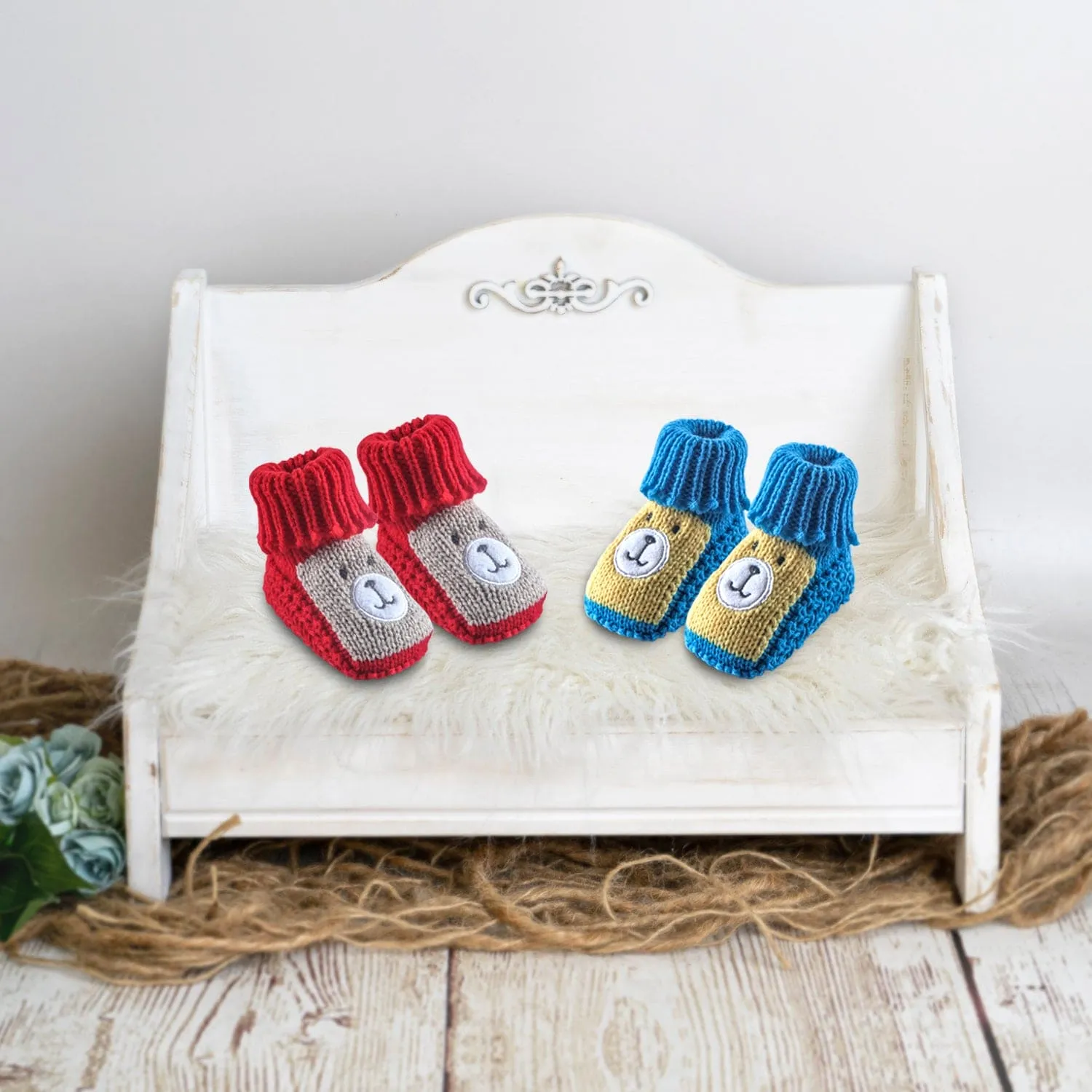 Newborn Crochet Woollen Booties Teddy - Red, Blue