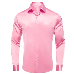 Pink Solid Satin Men's Long Sleeve Dress Shirt