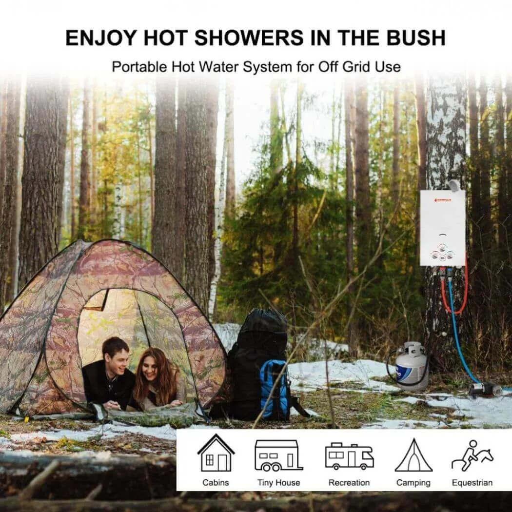 Propane Portable Tankless Water Heater Outdoor, Camplux 2.64 GPM Instant Hot Camping Showers with 3.3 GPM Water Pump & Pipe Strainer