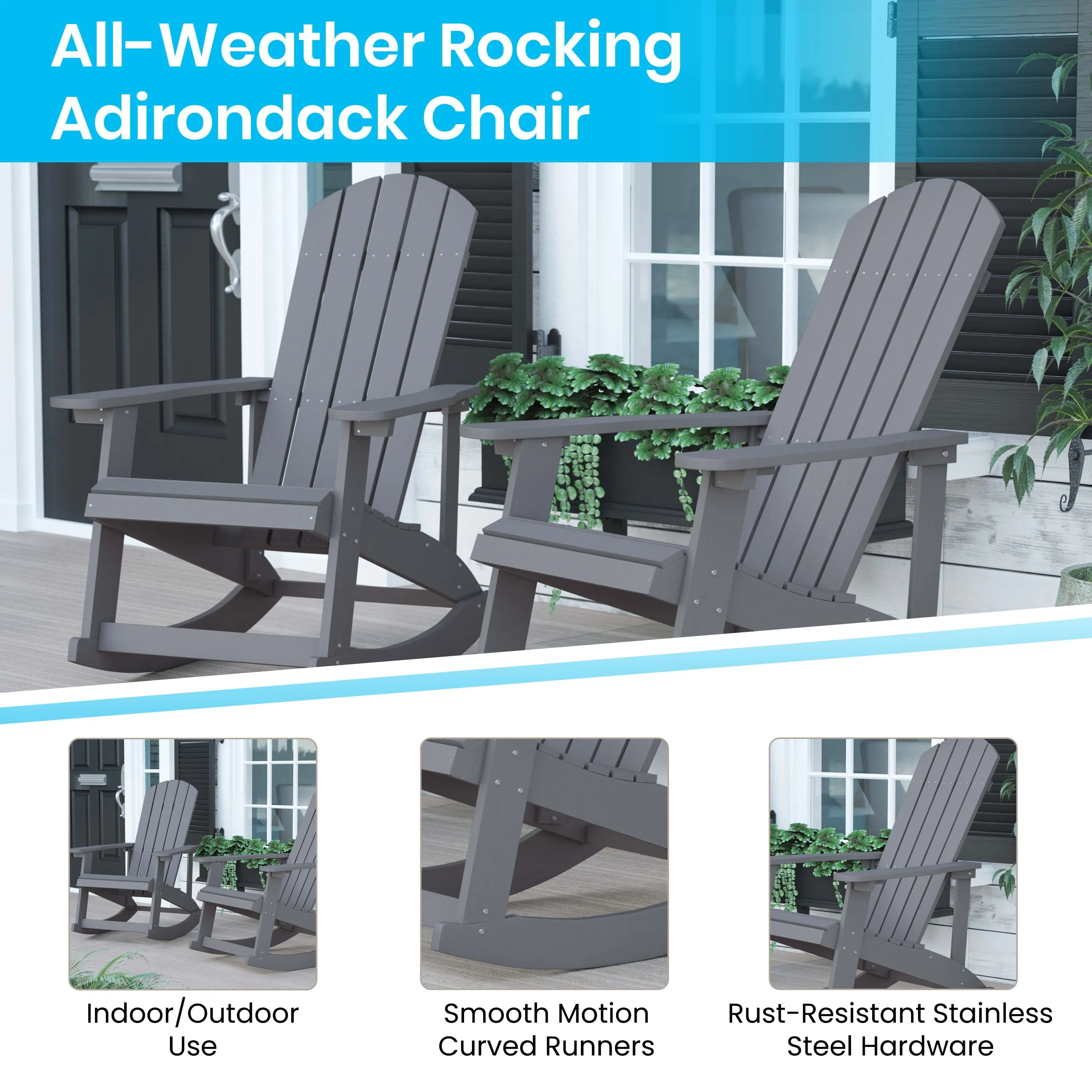 Savannah All-Weather Poly Resin Wood Adirondack Rocking Chair with Rust Resistant Stainless Steel Hardware - Set of 2