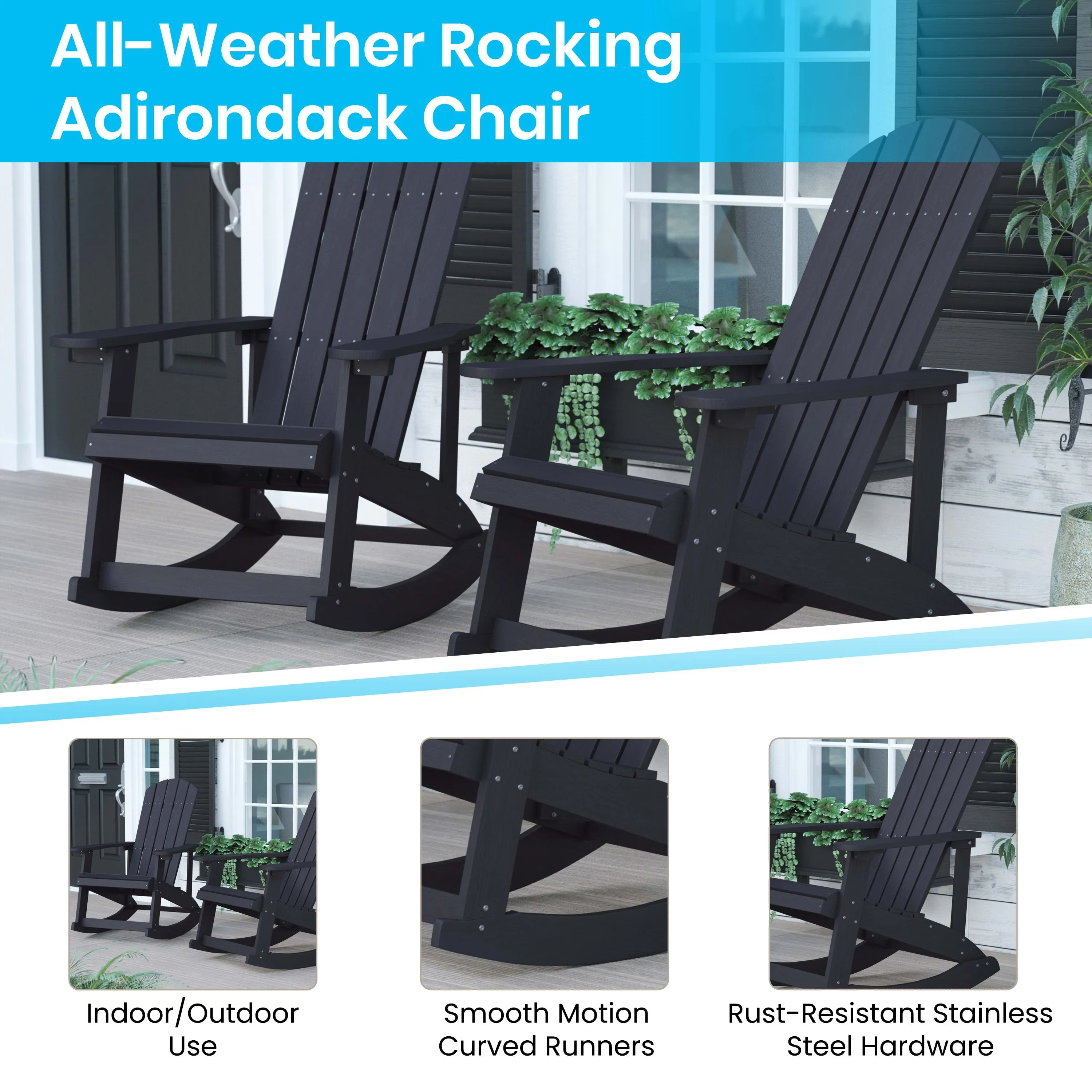 Savannah All-Weather Poly Resin Wood Adirondack Rocking Chair with Rust Resistant Stainless Steel Hardware - Set of 2