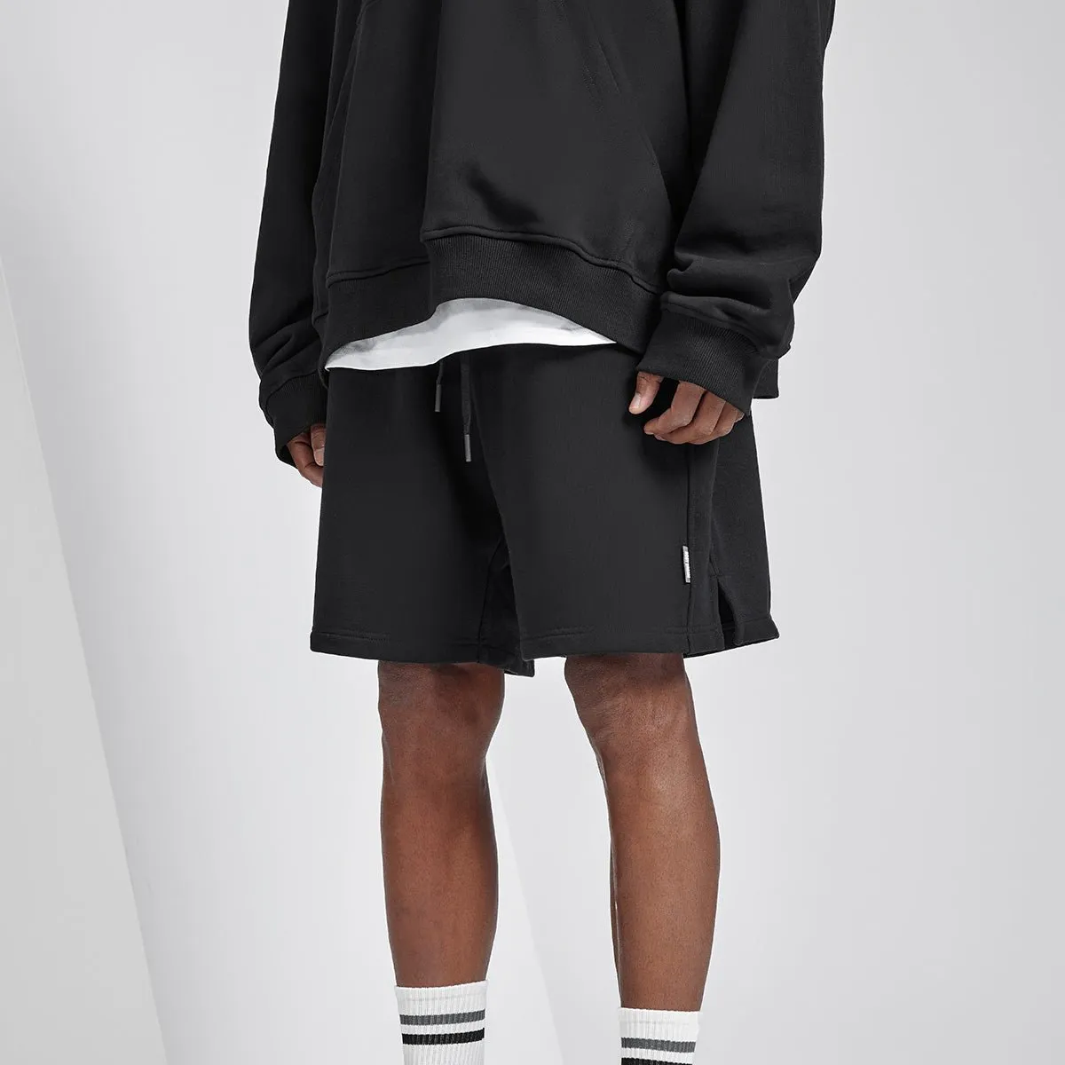 Solid Duty Drawstring Waist Black Track Shorts