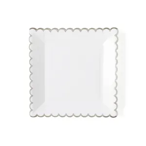 White Scalloped Plate with Silver Foil Trim, Winter White 9" White Scalloped Plate from My Mind's Eye, Great for Christmas or New Year's Eve Parties